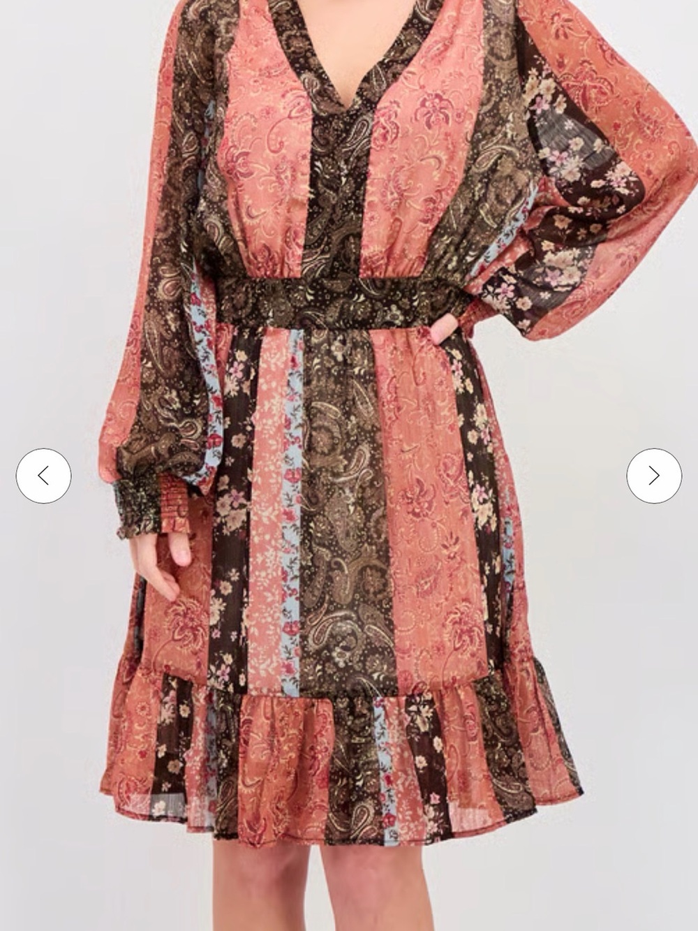 Dex Striped Paisley V-Neck Long-Sleeve Dress in Coral and Brown